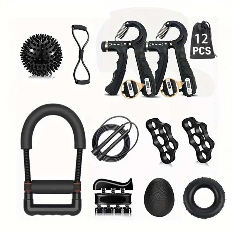 Wrist & Arm Strength Trainer 12pcs Wrist & Arm Strength Training Kit - Adjustable Counting Grip, Piano Finger Exerciser, Silicone Grip Ring, Egg Ball, Jump Rope, Spiky Massage Ball, 8-Shaped Resistance Band
