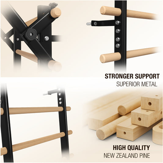 Sturdy Ladder Bar 9 Wooden Grips Swedish Ladder Stall Bar - Versatile Home Gym Equipment with Pull-Up & Dip Bars for Core Strength, Flexibility & Balance Training