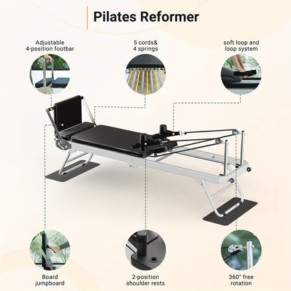 Foldable Pilates Reformer Foldable Pilates Reformer Machine - Durable, Versatile Exercise Reformer with Jump Board, 4 Springs, Adjustable Shoulder Rests, and Storage Wheels for Easy Movement
