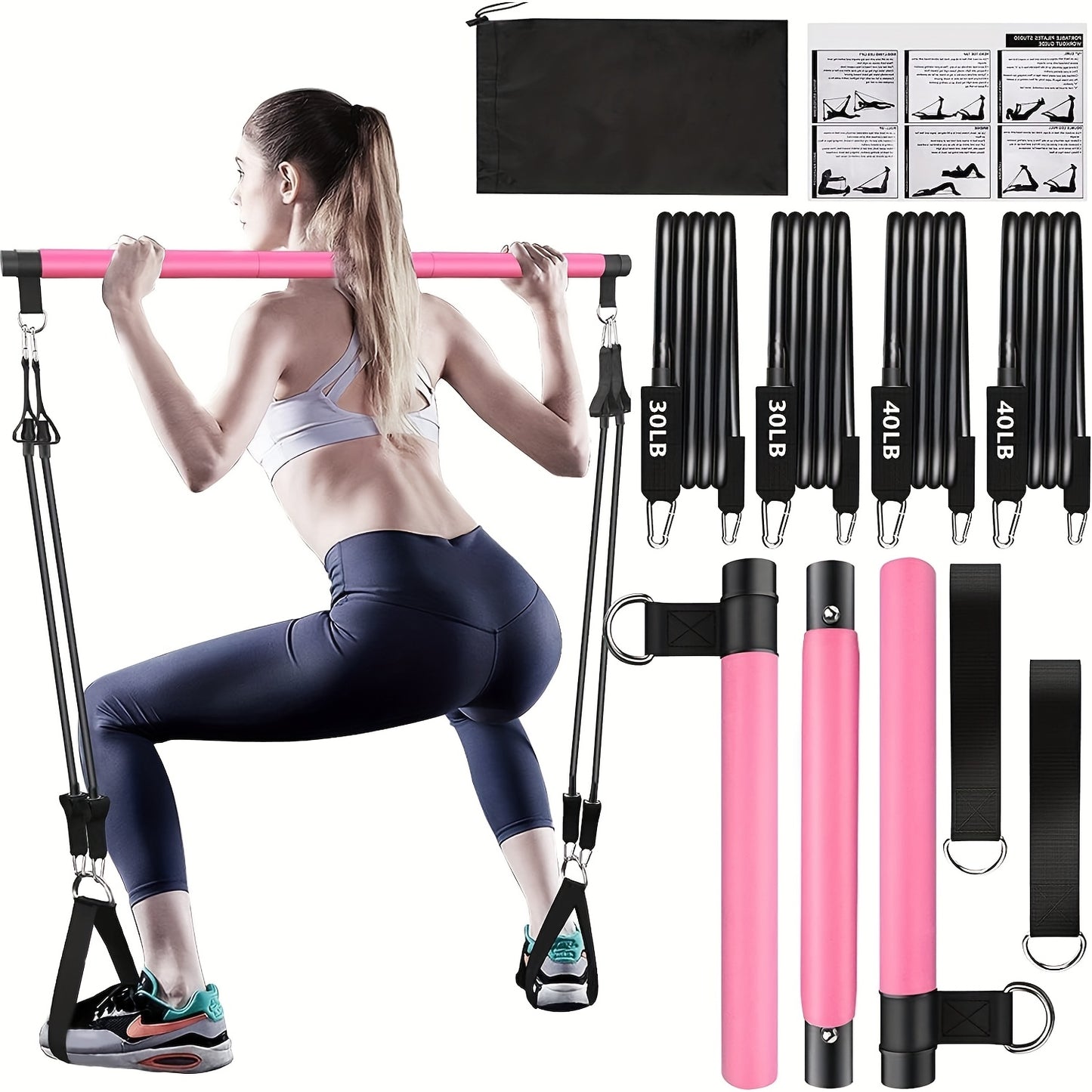 8pcs Portable Pilates Bar Kit 8pcs Set - Portable Pilates Bar Kit with 4 Resistance Bands (140 Lbs) | Home Gym Fitness Equipment Set with Ankle Straps & Drawstring Backpack for Men & Women Workout