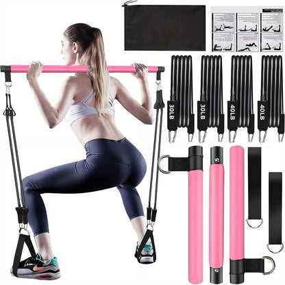 8pcs Portable Pilates Bar Kit 8pcs Set - Portable Pilates Bar Kit with 4 Resistance Bands (140 Lbs) | Home Gym Fitness Equipment Set with Ankle Straps & Drawstring Backpack for Men & Women Workout