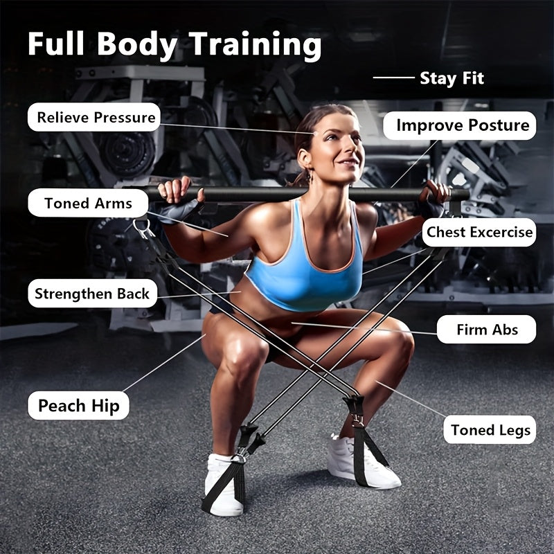 8pcs Portable Pilates Bar Kit 8pcs Set - Portable Pilates Bar Kit with 4 Resistance Bands (140 Lbs) | Home Gym Fitness Equipment Set with Ankle Straps & Drawstring Backpack for Men & Women Workout
