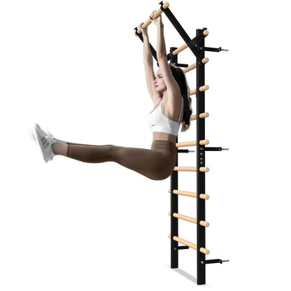 Sturdy Ladder Bar 9 Wooden Grips Swedish Ladder Stall Bar - Versatile Home Gym Equipment with Pull-Up & Dip Bars for Core Strength, Flexibility & Balance Training