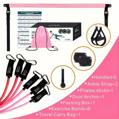 8pcs Portable Pilates Bar Kit 8pcs Set - Portable Pilates Bar Kit with 4 Resistance Bands (140 Lbs) | Home Gym Fitness Equipment Set with Ankle Straps & Drawstring Backpack for Men & Women Workout
