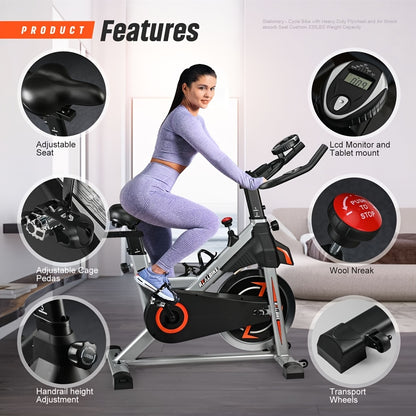 Exercise Bike, Indoor Bike\u002FBrake Pad Stationary Bike, for Family, Indoor Bike with Silent Belt Drive, Heavy Duty Flywheel, Comfortable Saddle And Upgraded LCD Display