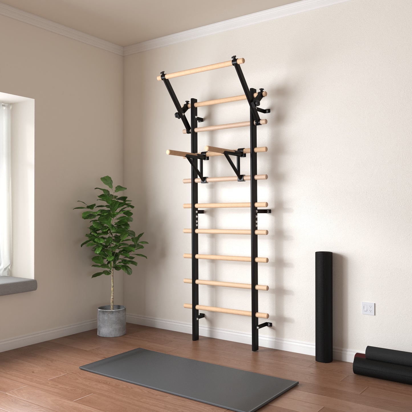 Sturdy Ladder Bar 9 Wooden Grips Swedish Ladder Stall Bar - Versatile Home Gym Equipment with Pull-Up & Dip Bars for Core Strength, Flexibility & Balance Training