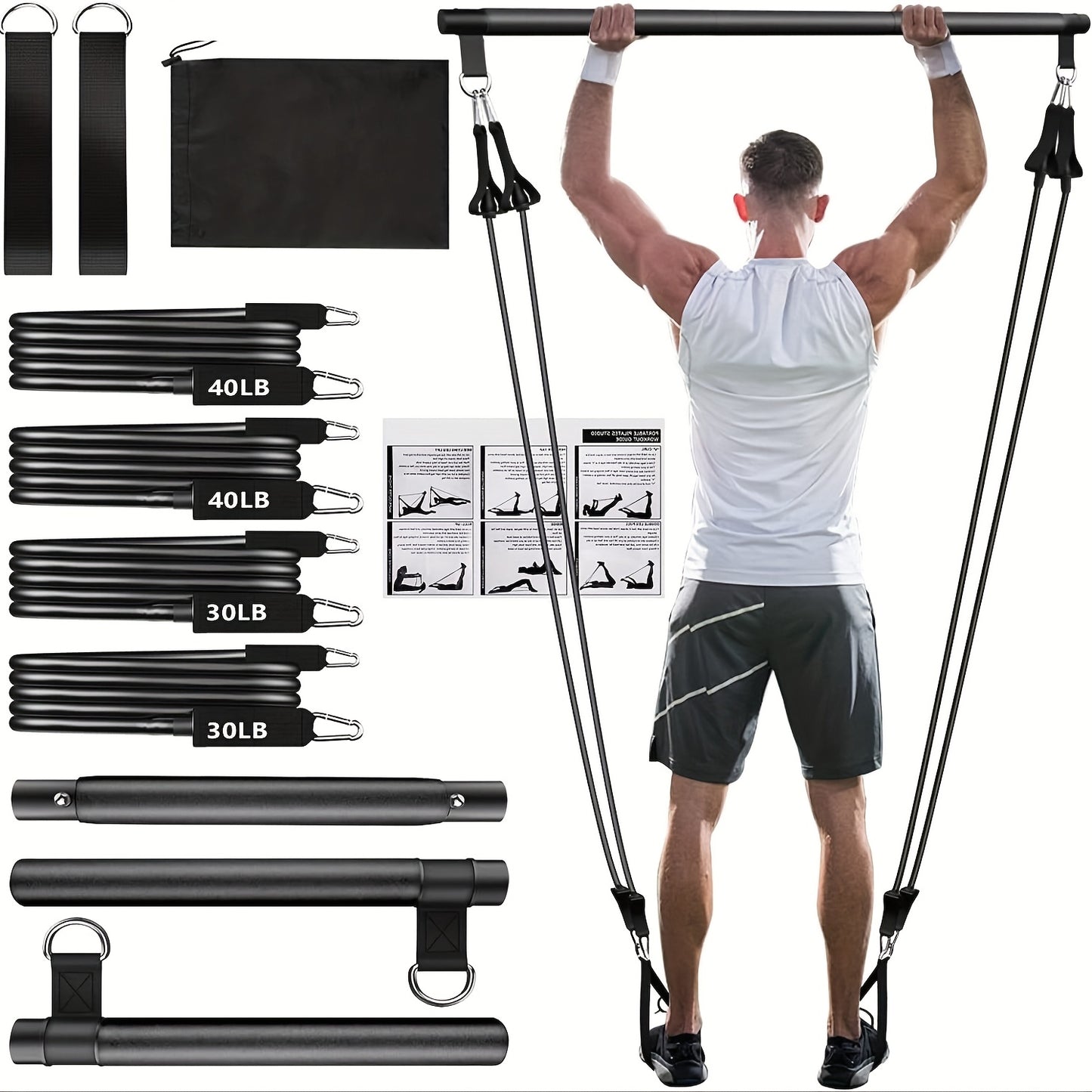 8pcs Portable Pilates Bar Kit 8pcs Set - Portable Pilates Bar Kit with 4 Resistance Bands (140 Lbs) | Home Gym Fitness Equipment Set with Ankle Straps & Drawstring Backpack for Men & Women Workout