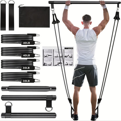 8pcs Portable Pilates Bar Kit 8pcs Set - Portable Pilates Bar Kit with 4 Resistance Bands (140 Lbs) | Home Gym Fitness Equipment Set with Ankle Straps & Drawstring Backpack for Men & Women Workout