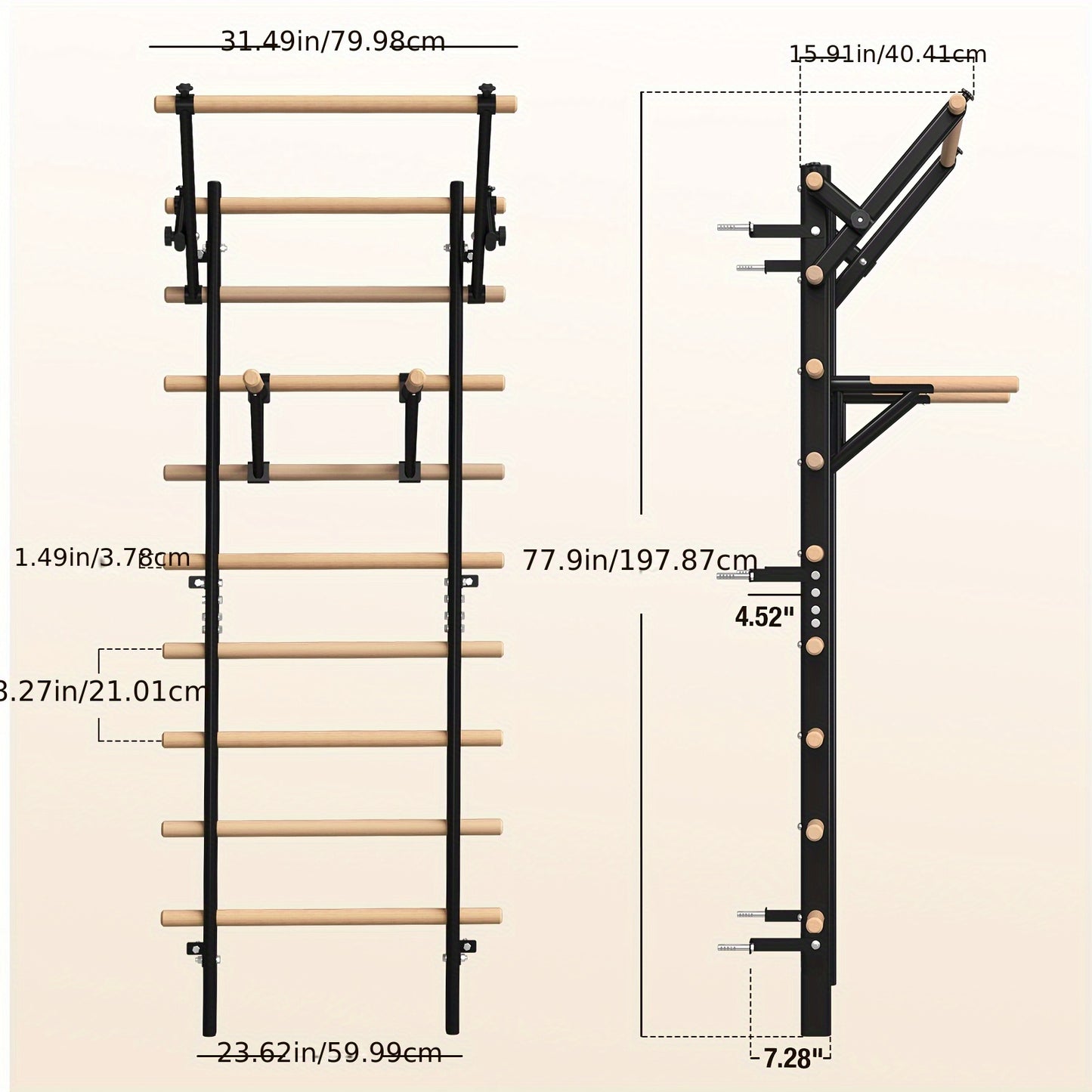 Sturdy Ladder Bar 9 Wooden Grips Swedish Ladder Stall Bar - Versatile Home Gym Equipment with Pull-Up & Dip Bars for Core Strength, Flexibility & Balance Training