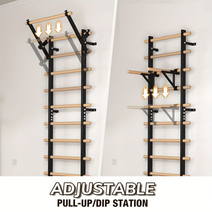 Sturdy Ladder Bar 9 Wooden Grips Swedish Ladder Stall Bar - Versatile Home Gym Equipment with Pull-Up & Dip Bars for Core Strength, Flexibility & Balance Training