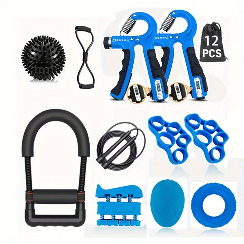 Wrist & Arm Strength Trainer 12pcs Wrist & Arm Strength Training Kit - Adjustable Counting Grip, Piano Finger Exerciser, Silicone Grip Ring, Egg Ball, Jump Rope, Spiky Massage Ball, 8-Shaped Resistance Band